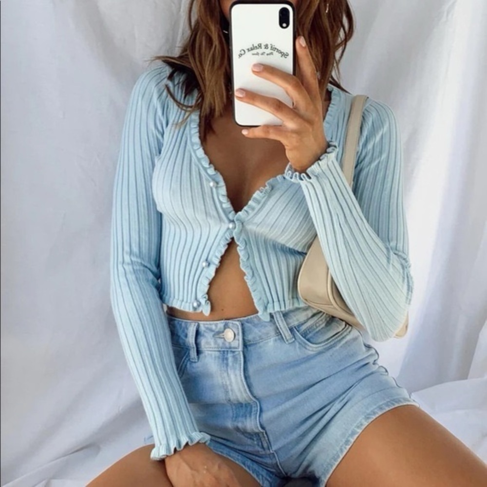Princess Polly Blue Ribbed Ruffle Top XS/S